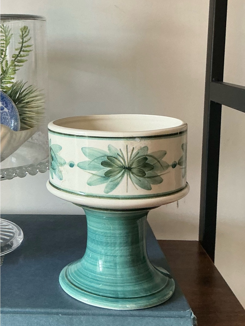 Green Ceramic Pedestal Compote with Hand-Painted Floral Band